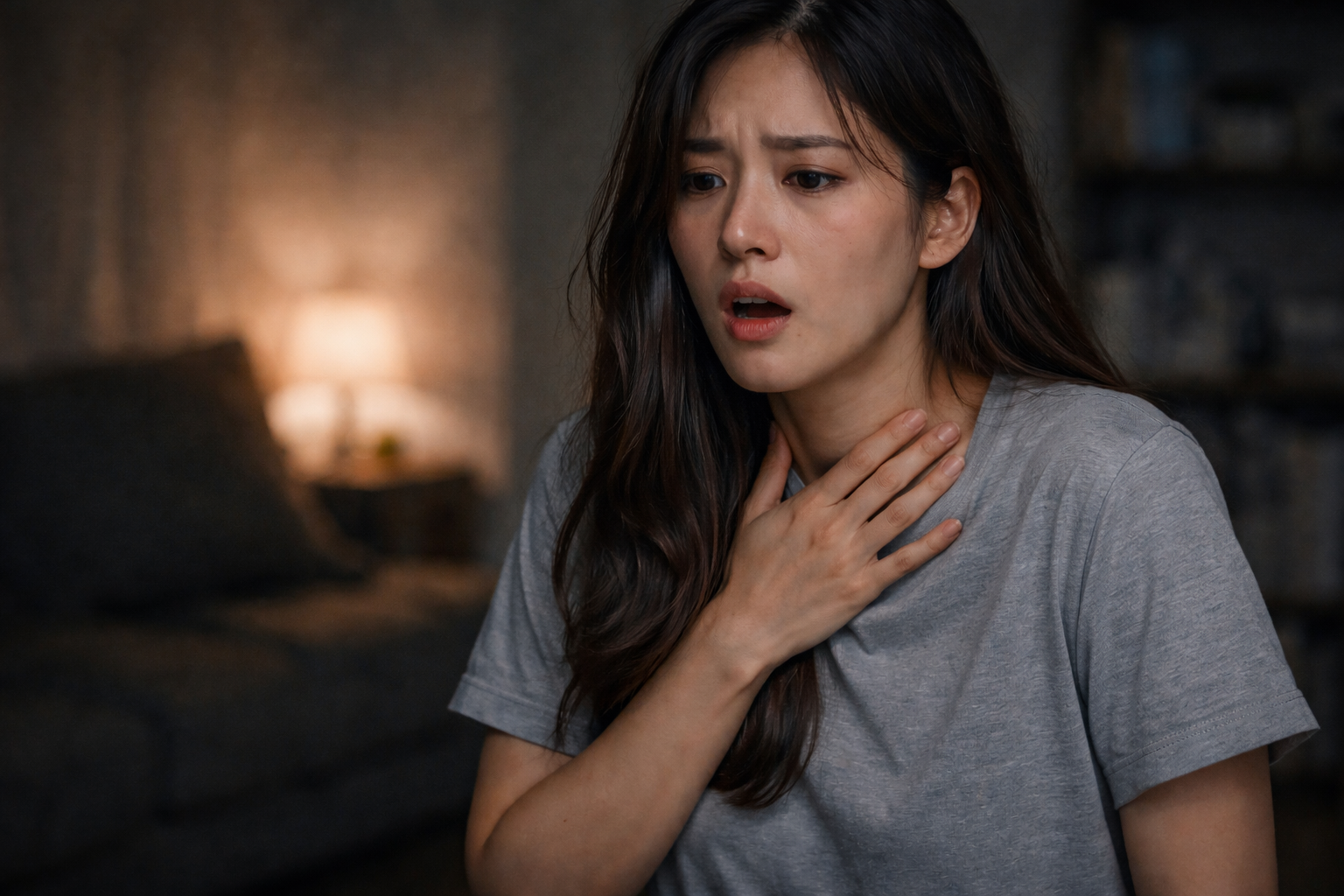 공황발작으로 호흡이 가빠지고 불안을 느끼는 한국인 여성