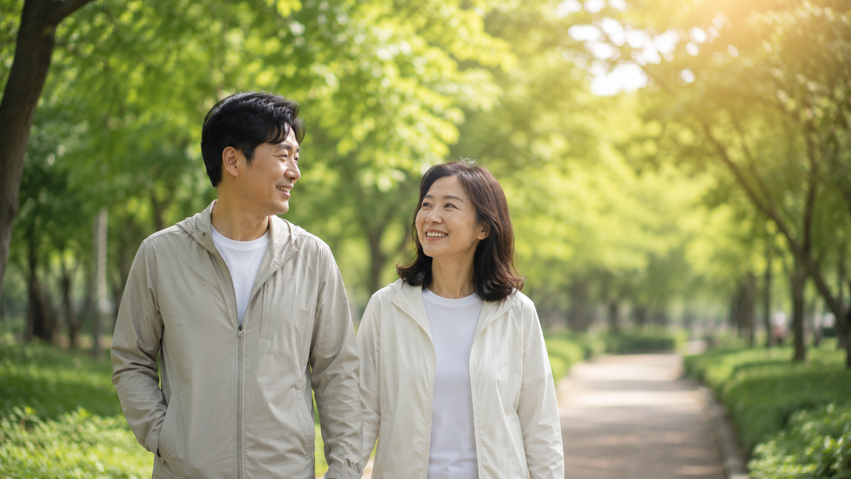 공황장애 치료 접근에서 신경계 안정을 설명하는 한국인 부부 산책 장면