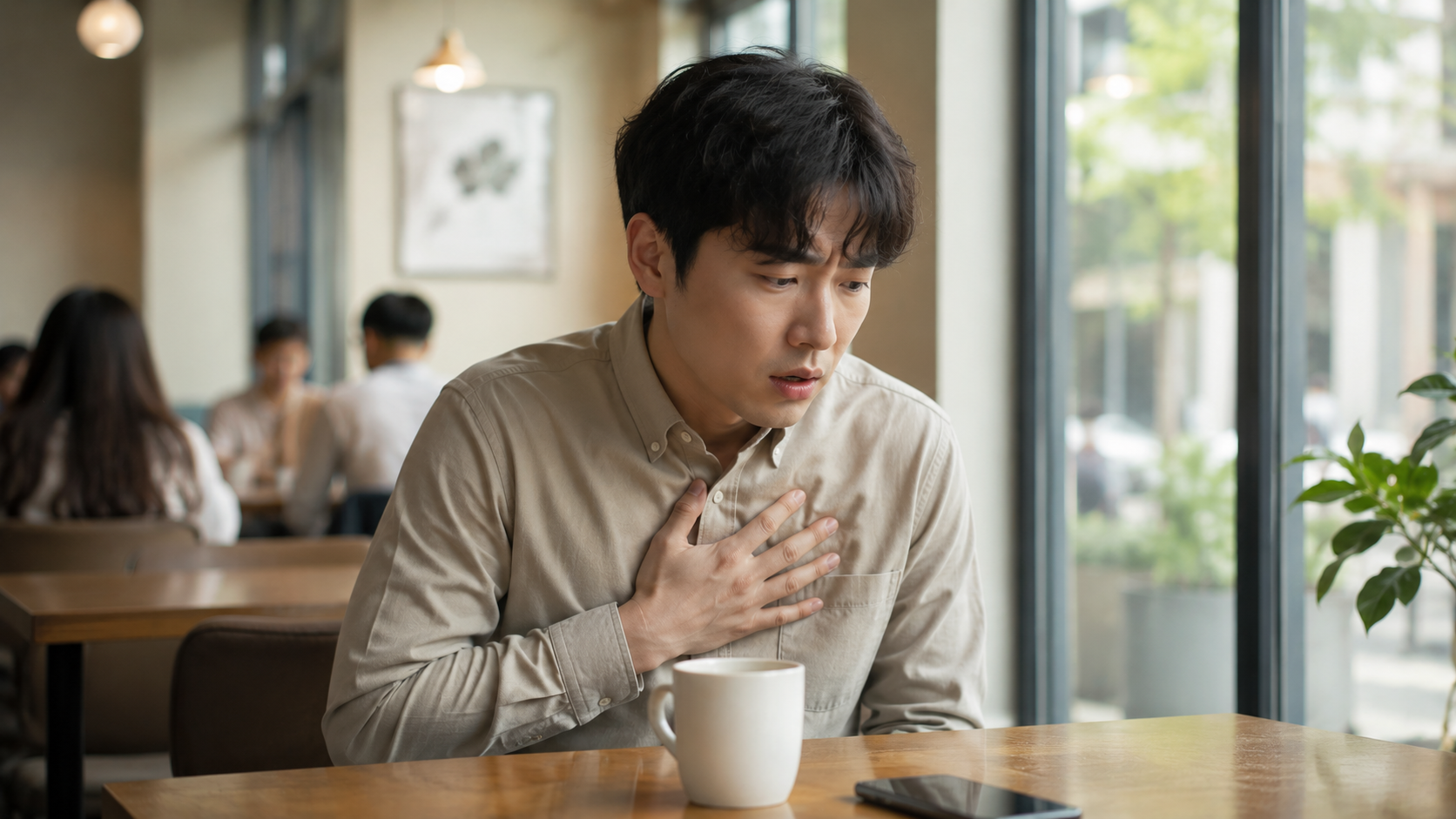 공황장애 치료 접근과 자율신경계 과각성 반응을 표현한 한국인 남성 모습