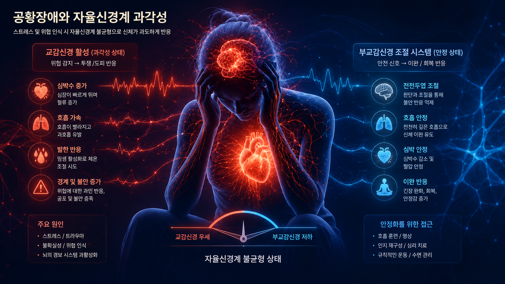 공황장애 뇌기능 변화와 자율신경계 과각성 반응 및 심박수 변화를 표현한 의료 이미지