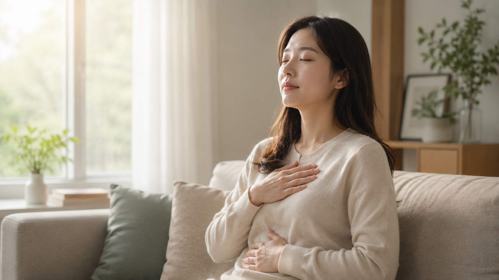 공황장애 치료 접근에서 호흡 조절과 신경계 안정을 시도하는 한국인 여성 모습