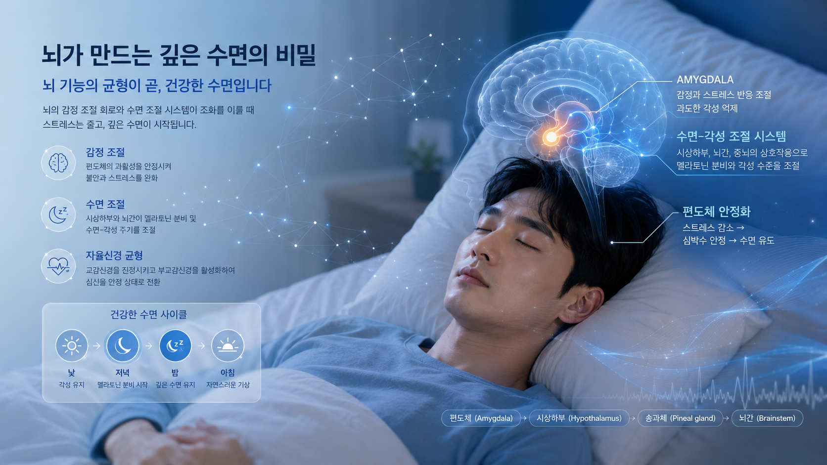 불면증 수면조절과 뇌 기능 변화를 표현한 의료 정보형 이미지