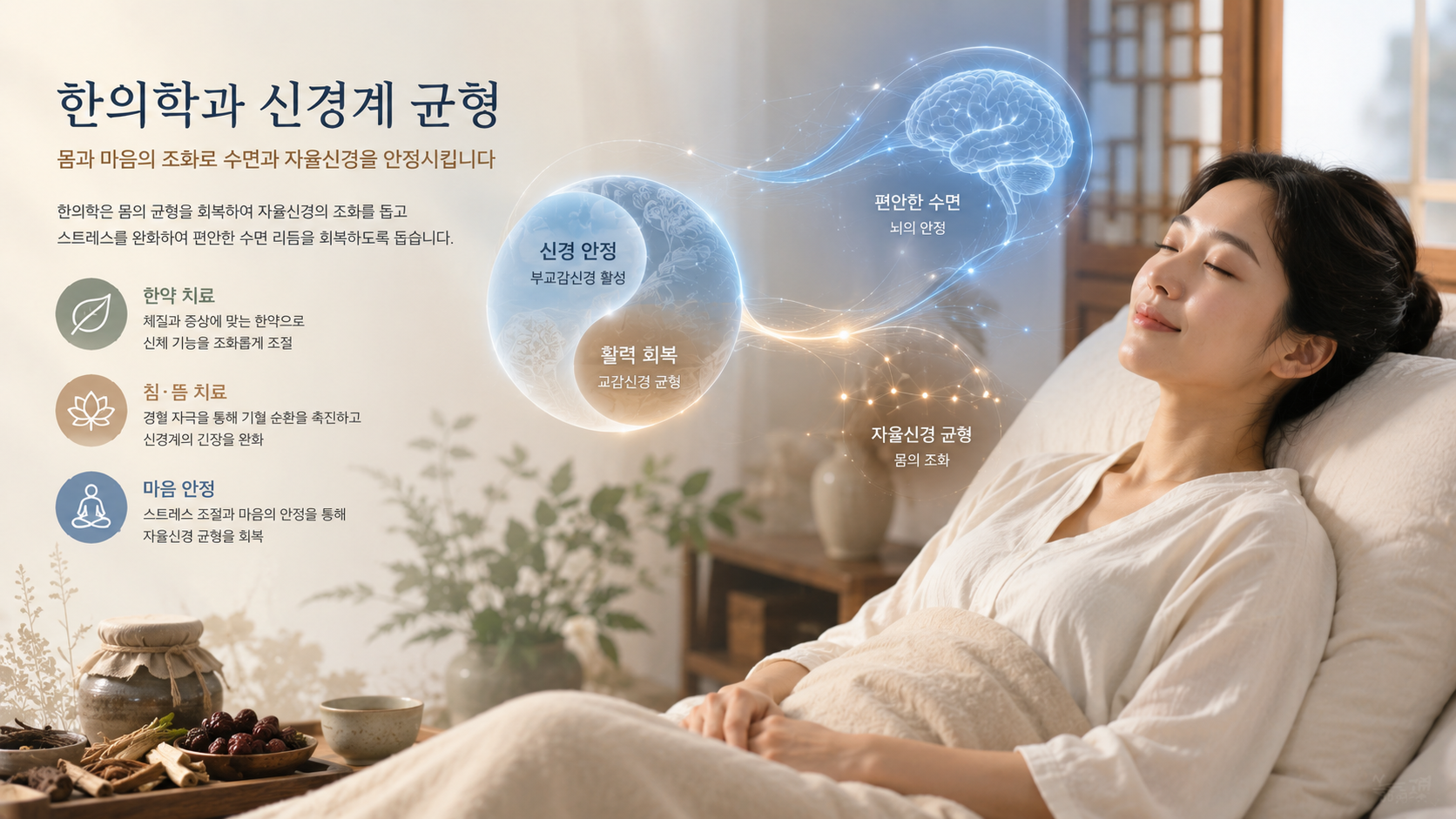 불면증 수면조절과 신경계 균형의 한의학적 관점을 표현한 이미지