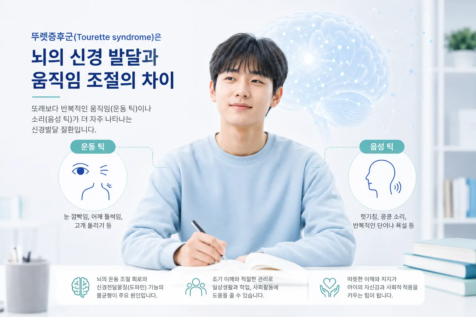 뚜렛증후군과 틱장애 스펙트럼을 설명하는 의료 정보 이미지