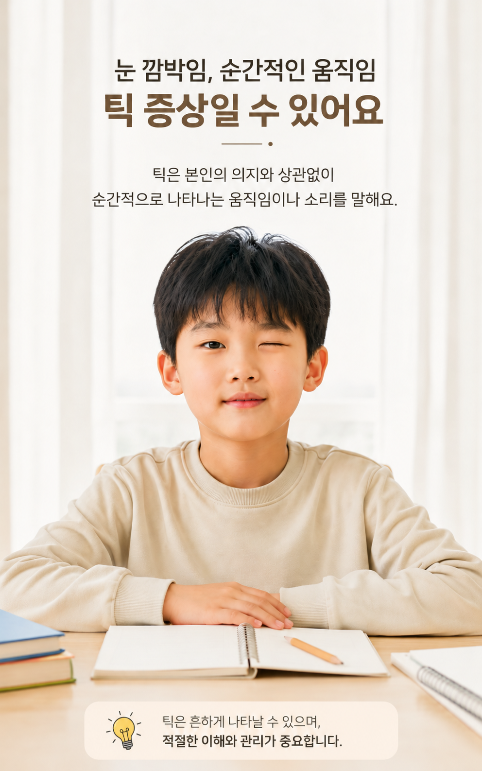 틱장애 뇌기능과 반복적인 운동 틱을 설명하는 한국인 학생 이미지
