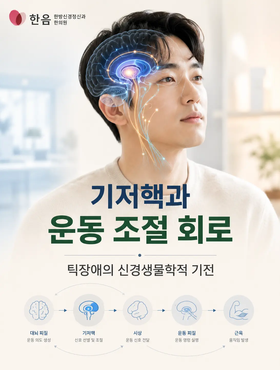 틱장애 기저핵 운동 조절 회로를 설명하는 한국인 모델 이미지