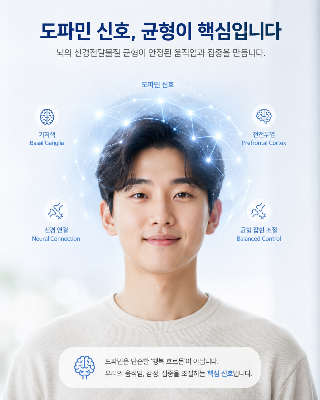 틱장애 뇌기능과 도파민 신경전달물질 변화를 표현한 한국인 모델 이미지