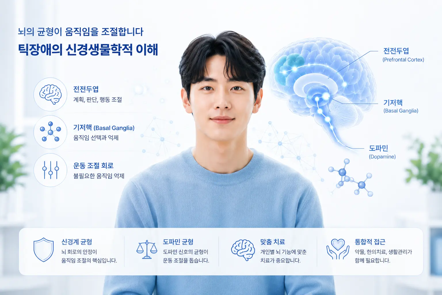 틱장애 자율신경과 신경생물학적 기전을 종합적으로 표현한 의료 이미지