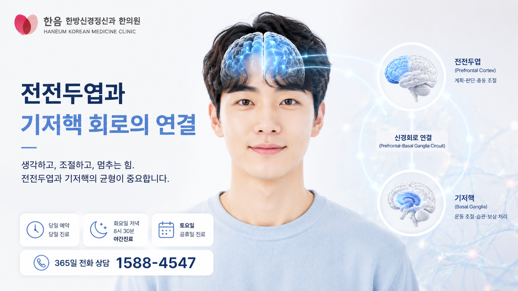 틱장애와 전전두엽 행동 조절 기능을 설명하는 이미지