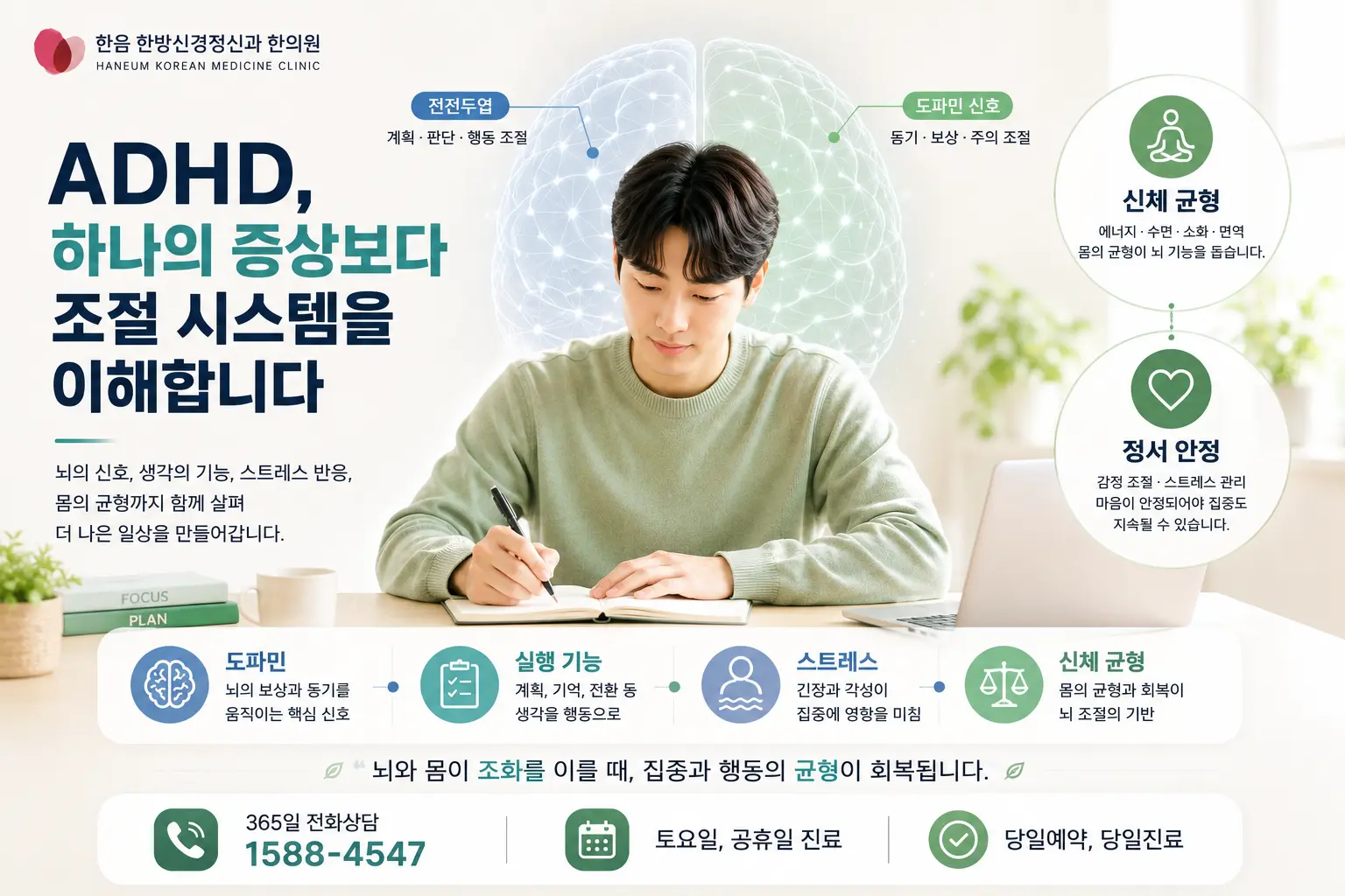 ADHD 도파민 실행 기능 스트레스와 신경계 균형을 종합적으로 설명하는 이미지