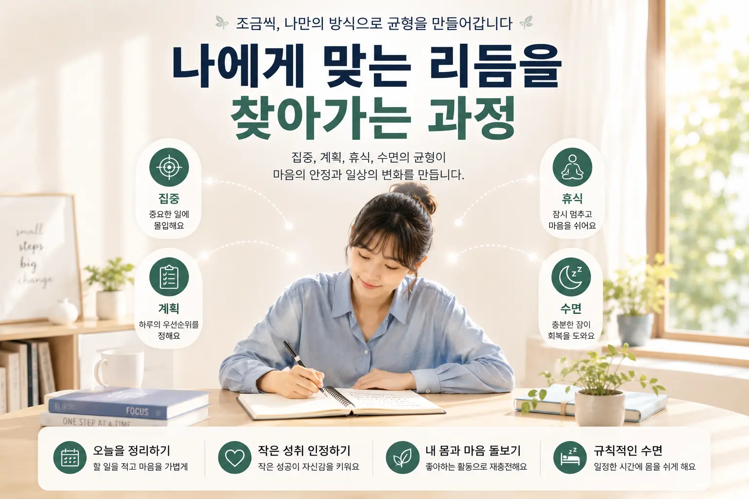 ADHD 신경계 균형과 집중 계획 일상 관리를 표현한 한국인 성인 이미지