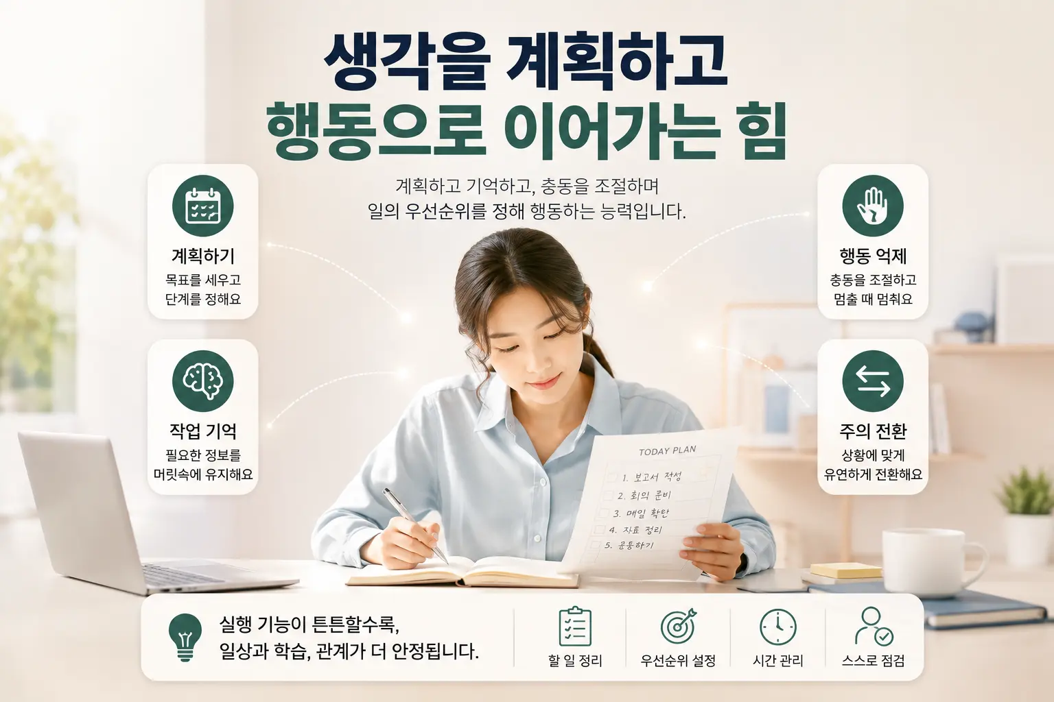 ADHD 실행 기능과 계획 및 작업 기억을 표현한 한국인 직장인 이미지