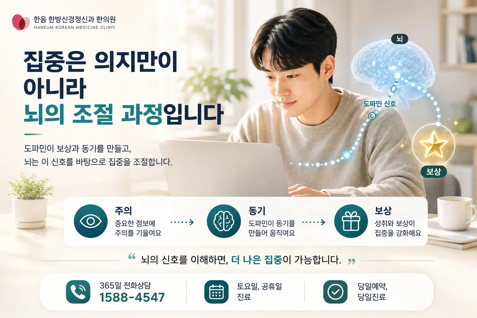 ADHD 집중력과 도파민 보상 반응의 관계를 설명하는 이미지