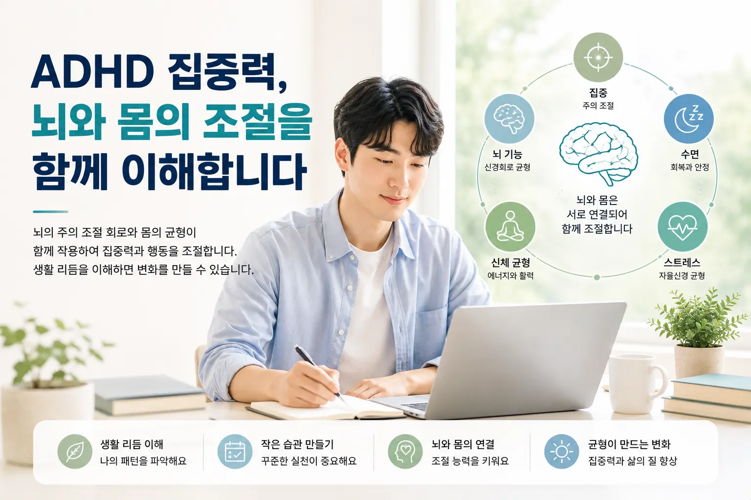 ADHD 집중력과 뇌 신경계 및 신체 균형을 함께 표현한 한국인 모델 이미지