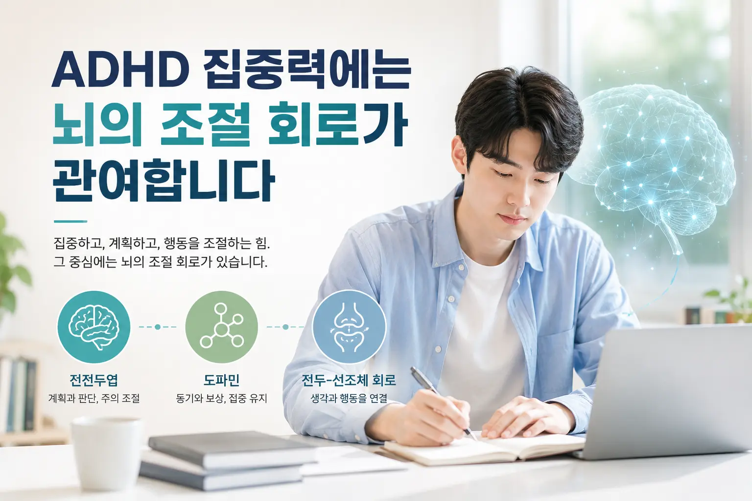 ADHD 집중력과 전전두엽 도파민 신경회로를 설명하는 한국인 모델 이미지