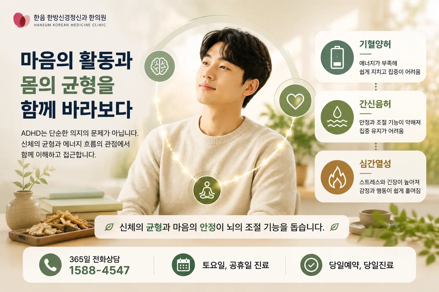 ADHD의 한의학적 관점과 기혈양허 간신음허 등 신체 균형을 표현한 이미지