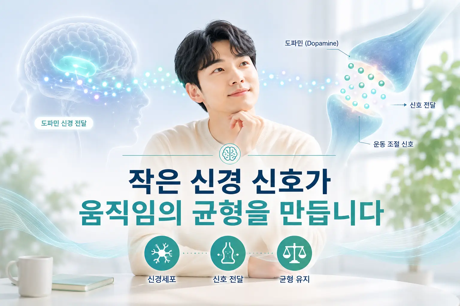 틱장애의 도파민 신경전달과 운동 조절을 표현한 이미지