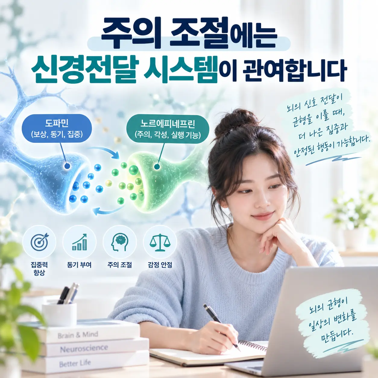 ADHD 한의학 병리와 도파민 노르에피네프린 신경전달 조절을 표현한 이미지