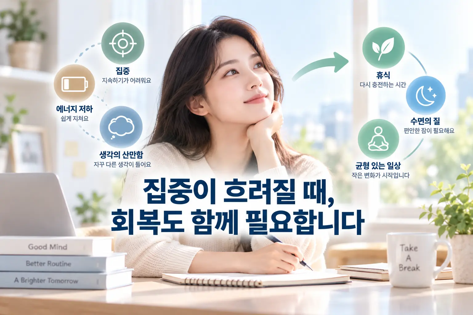 ADHD 자율신경과 집중력 피로 회복을 설명하는 한국인 성인 이미지