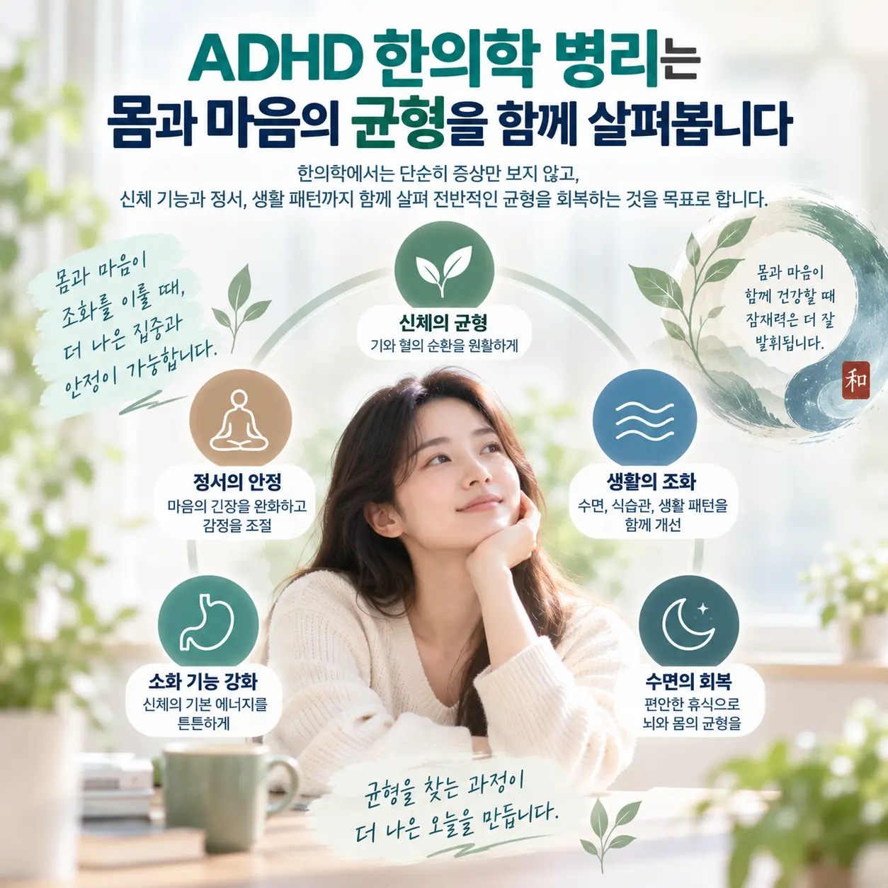 ADHD 한의학 병리와 신체 정신 기능의 균형을 표현한 한국인 성인 이미지