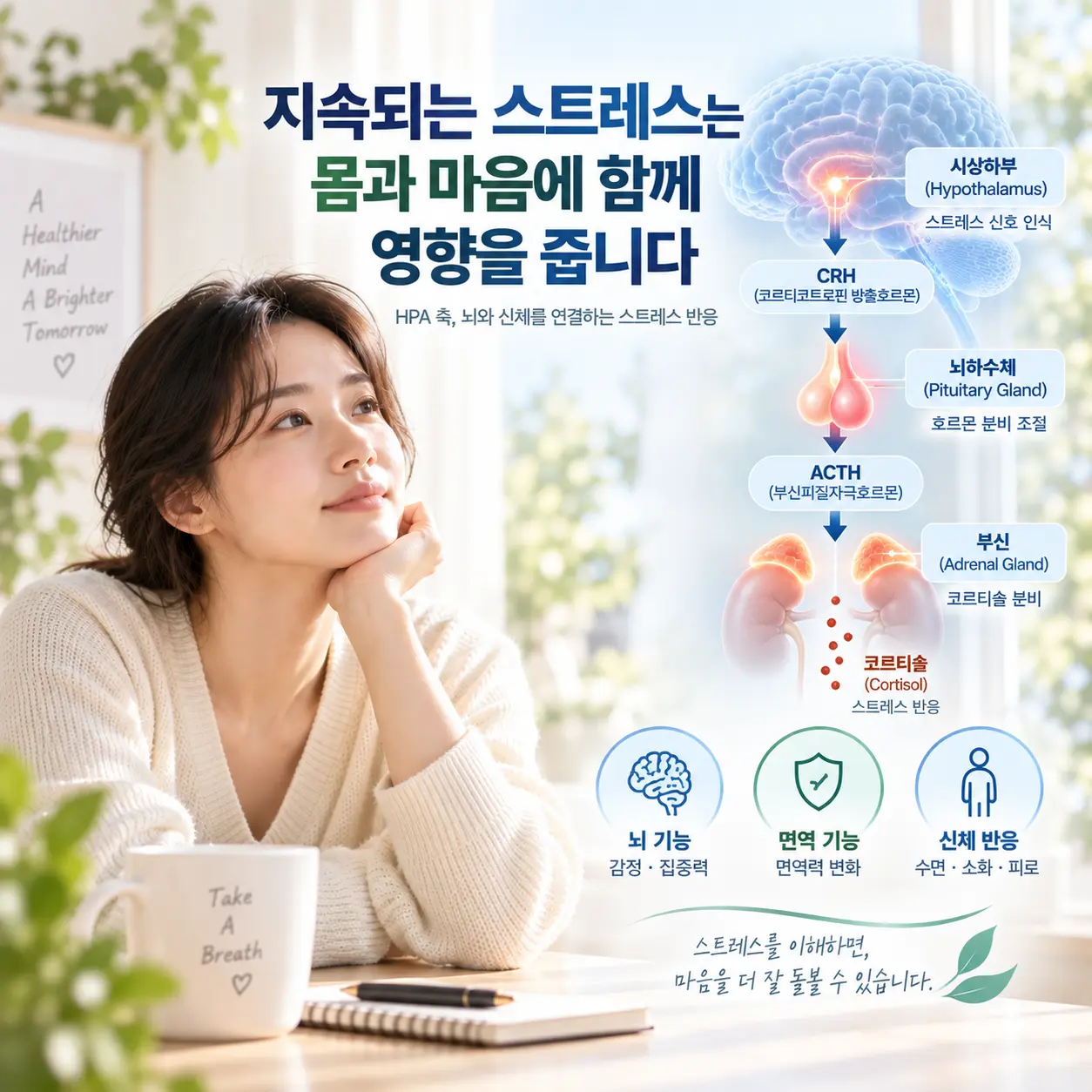 우울증의 HPA axis와 스트레스 호르몬 반응을 표현한 이미지