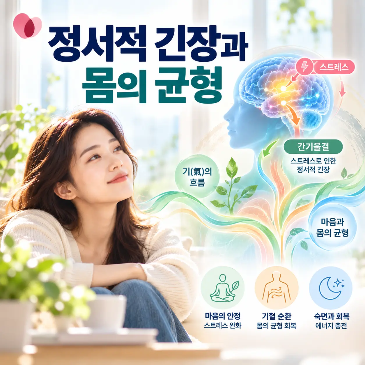 우울증의 정서적 긴장과 한의학적 간기울결 관점을 표현한 이미지
