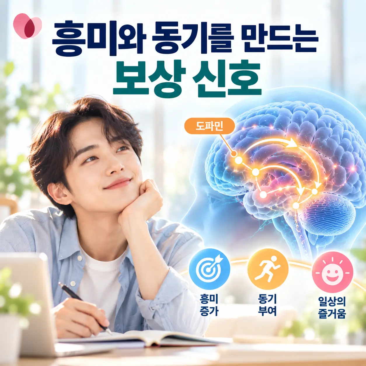 우울증의 도파민 보상 회로와 흥미 및 동기 변화를 나타낸 이미지