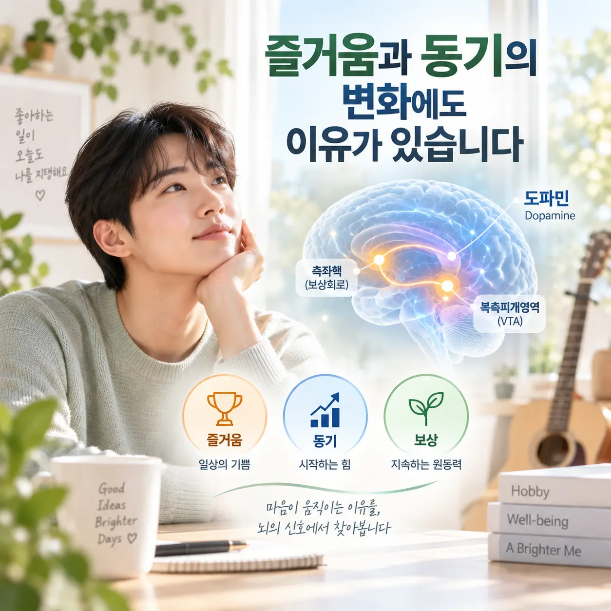 우울증의 도파민 보상 회로와 흥미 및 동기 변화를 표현한 이미지