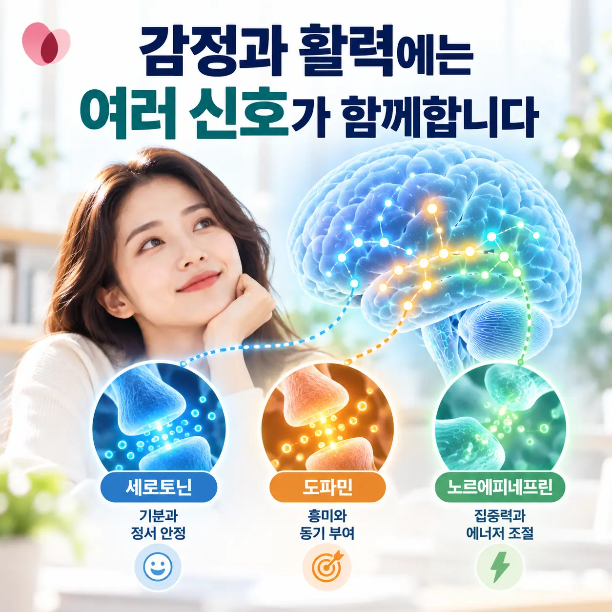 우울증과 세로토닌 도파민 노르에피네프린의 관계를 보여주는 이미지