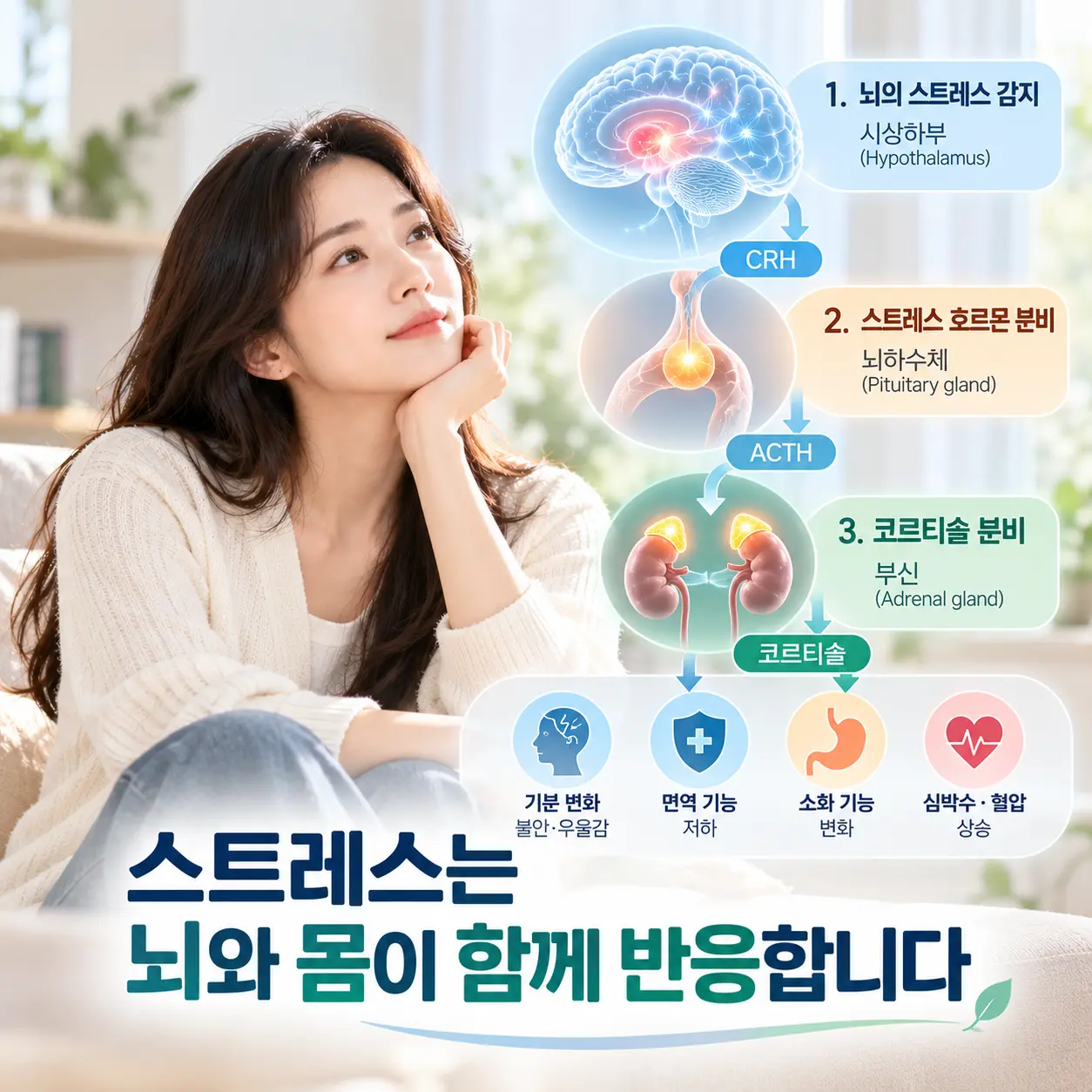 우울증 스트레스 반응과 HPA axis 스트레스 호르몬 변화를 설명하는 이미지