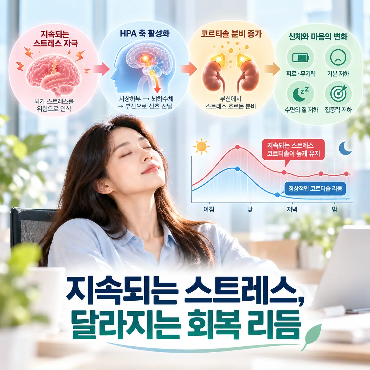 우울증 스트레스 반응에서 지속적인 스트레스와 코르티솔 변화를 나타낸 이미지