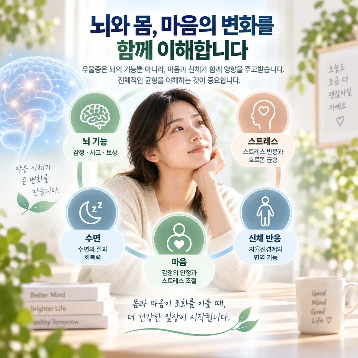 우울증의 뇌 기능과 신경계 및 신체 균형을 통합적으로 표현한 이미지