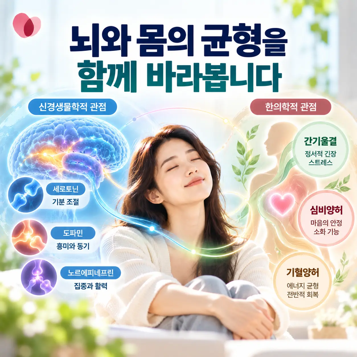 우울증의 신경계 변화와 한의학적 신체 균형 관점을 함께 표현한 이미지