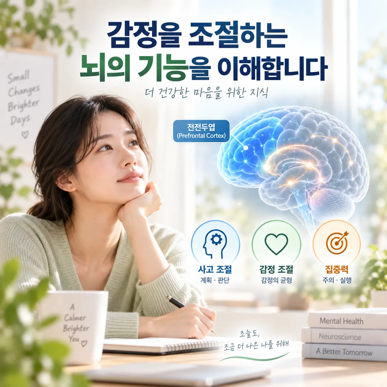 우울증에서 전전두엽과 감정 조절 뇌 기능의 변화를 설명하는 이미지