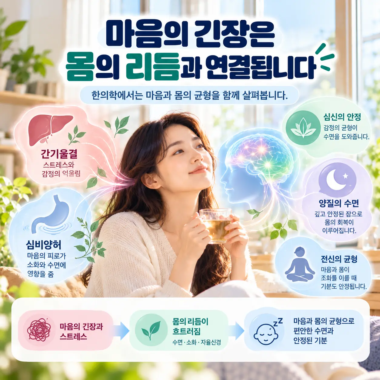 우울증 수면문제와 간기울결 심비양허의 관계를 표현한 이미지
