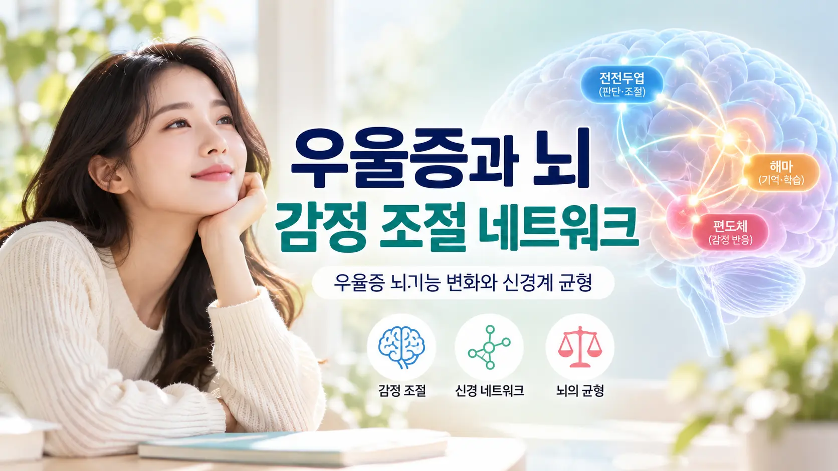 우울증 뇌기능 변화와 전전두엽 편도체 해마의 감정 조절 네트워크를 표현한 한국인 여성과 뇌 인포그래픽