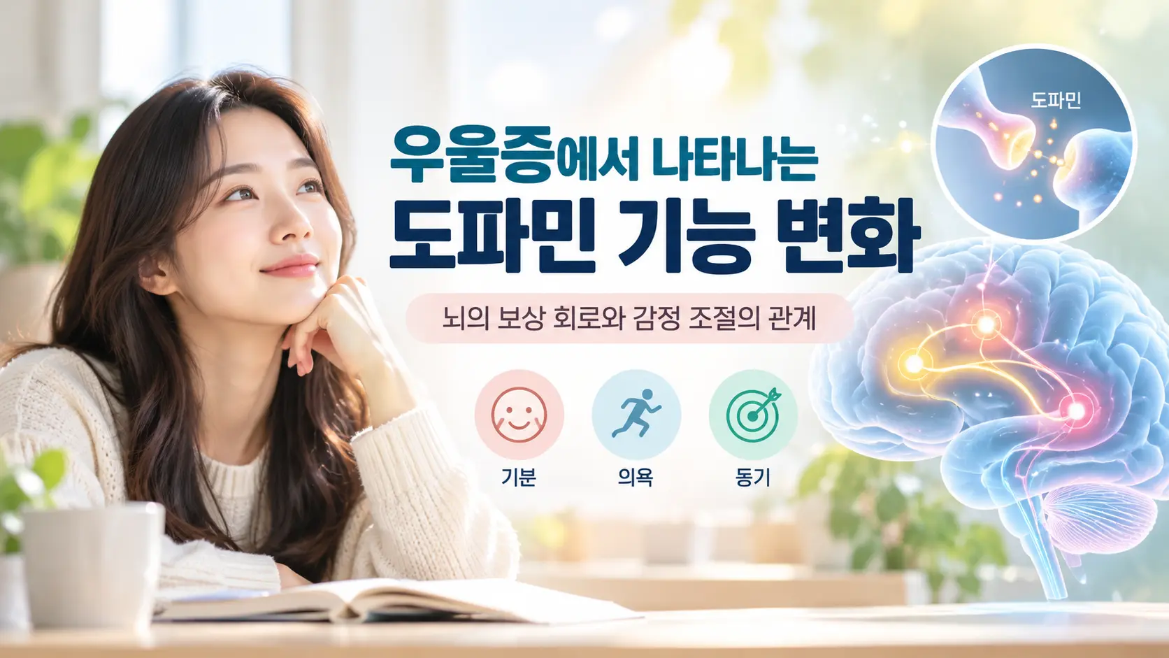 우울증에서 나타나는 도파민 기능 변화와 뇌 보상 회로를 설명하는 한국인 여성 중심의 의료 정보 대표 이미지