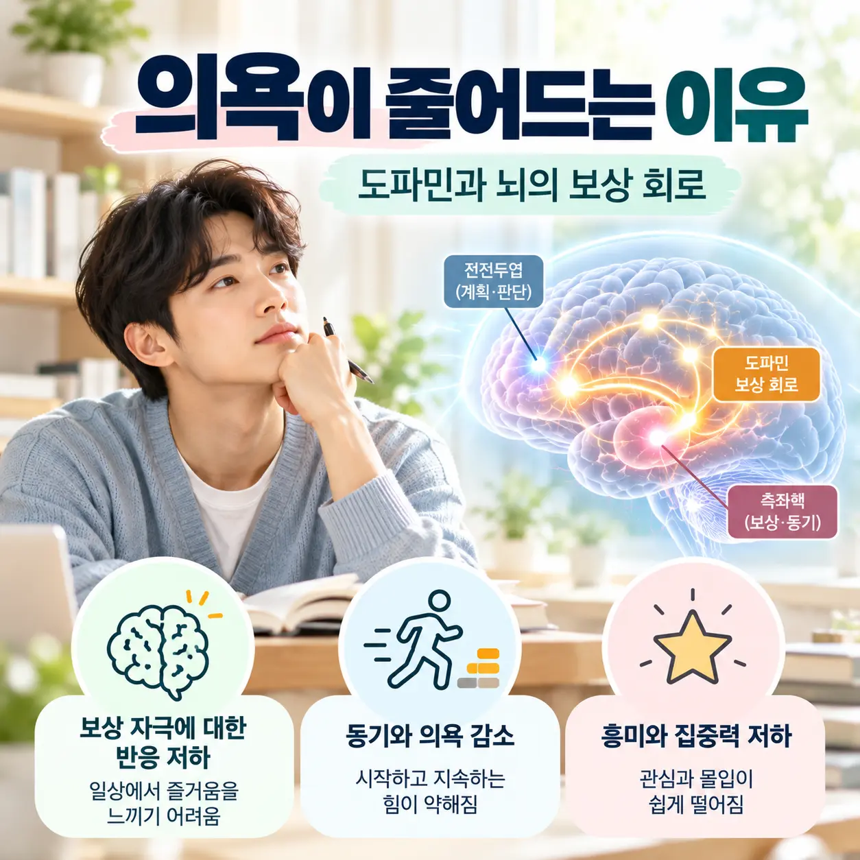 우울증 도파민 보상 회로 변화와 의욕 저하를 표현한 한국인 남성