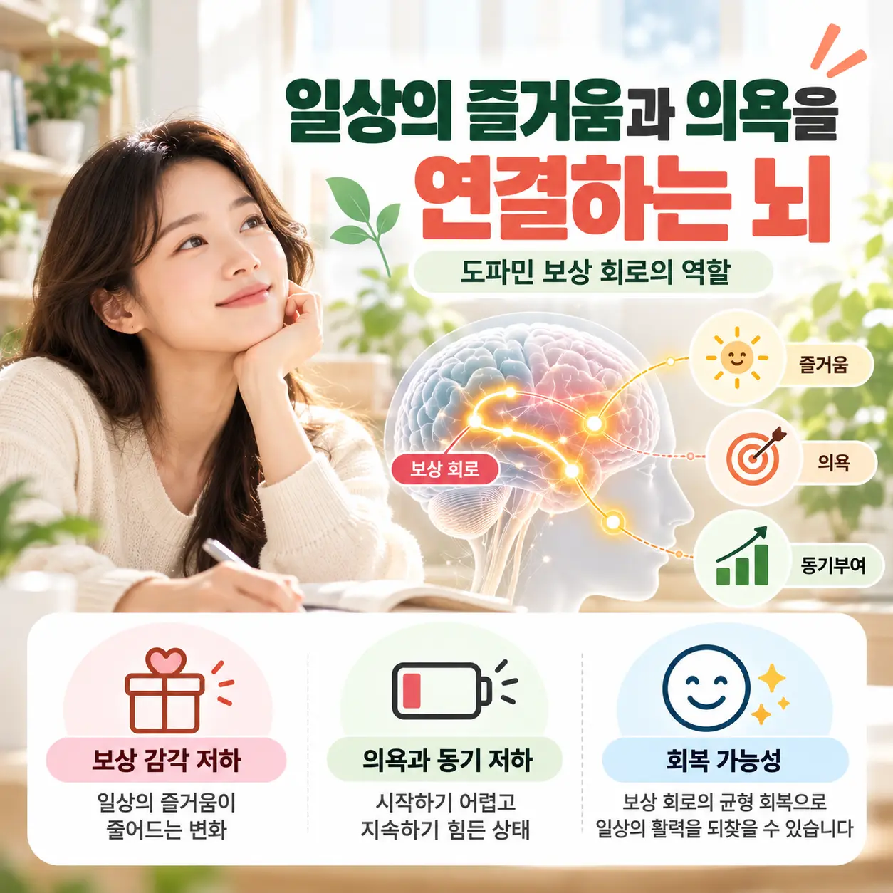 우울증의 도파민 보상 회로 변화와 의욕 저하를 표현한 이미지
