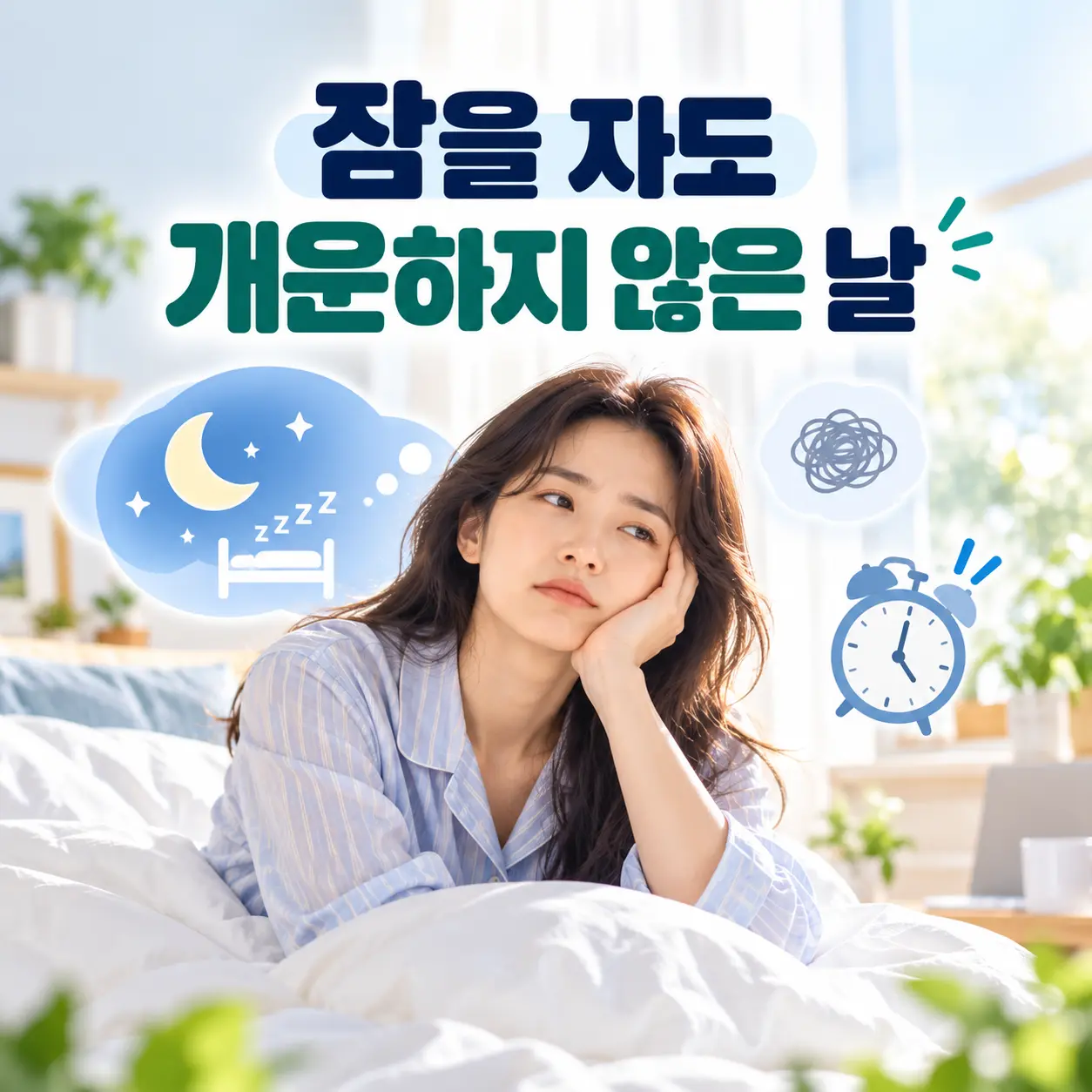 잠을 자도 피곤함이 남는 우울증 수면문제를 표현한 한국인 모델