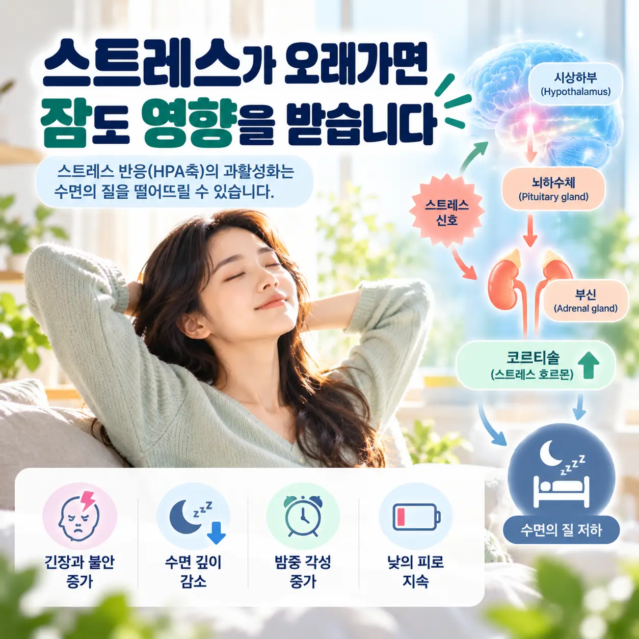 우울증 수면문제와 HPA axis 스트레스 반응을 설명하는 이미지