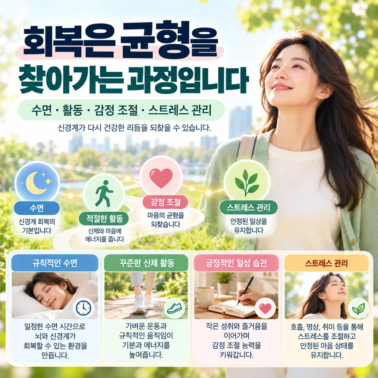 우울증 신경계 회복 과정과 수면 활동 스트레스 관리를 표현한 한국인 여성