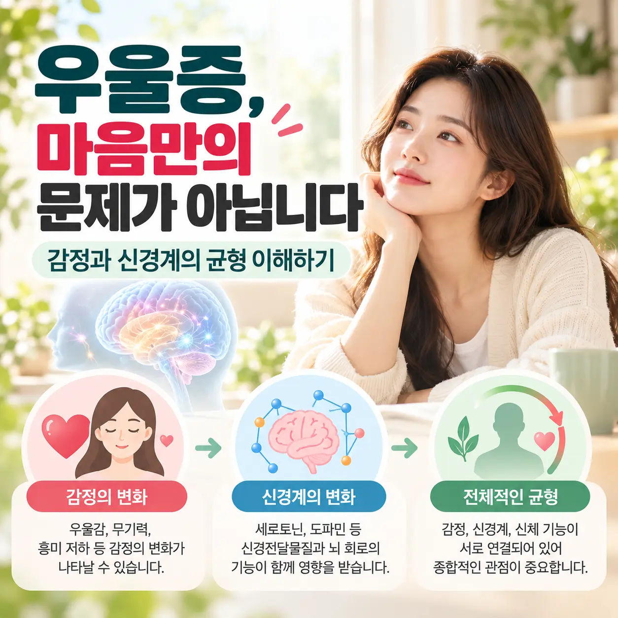 우울증 한의학 기전과 감정 조절 및 신경계 균형을 설명하는 한국인 여성