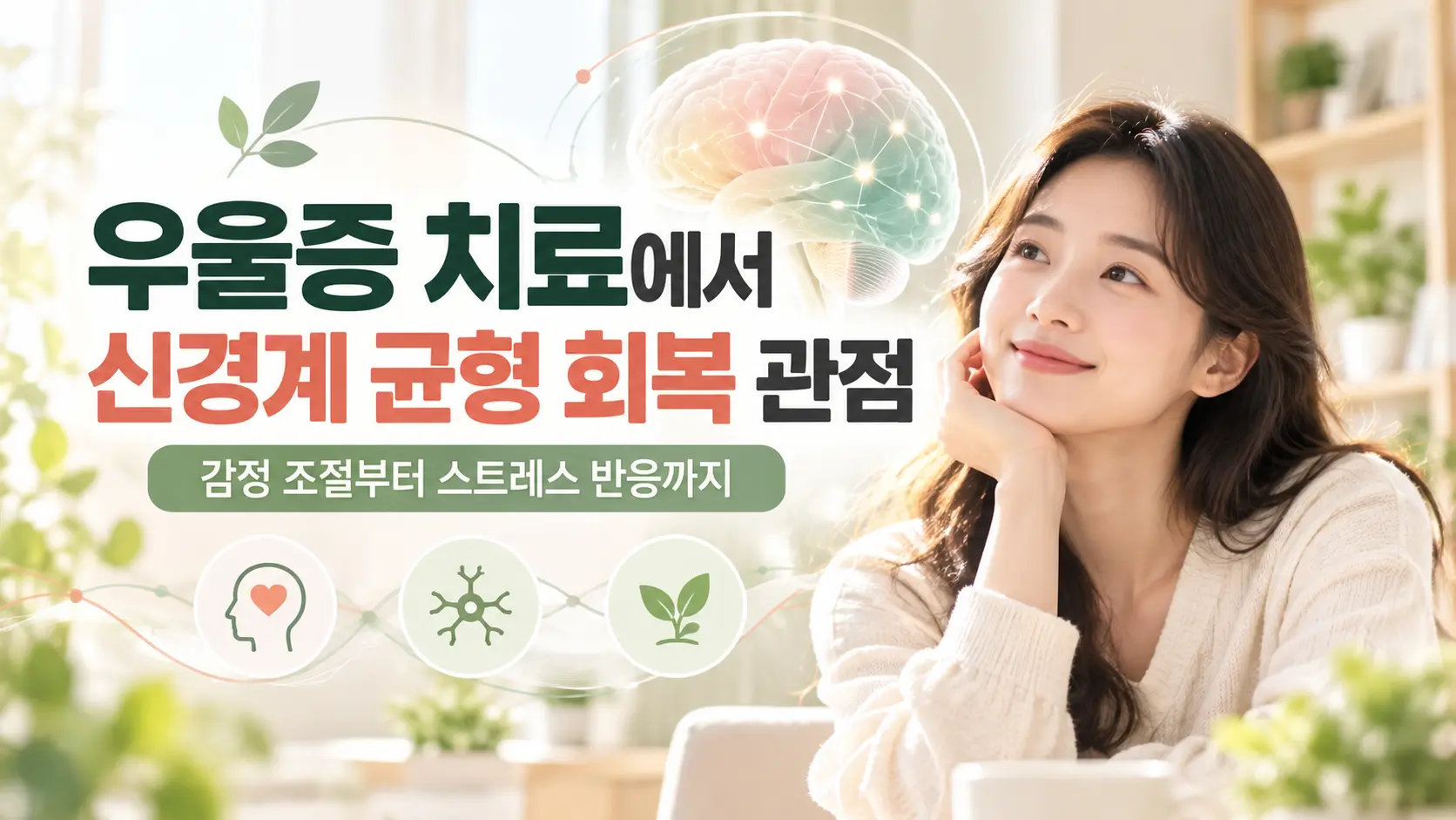 우울증 치료에서 신경계 균형 회복과 감정 조절의 중요성을 표현한 한국인 여성 대표 이미지