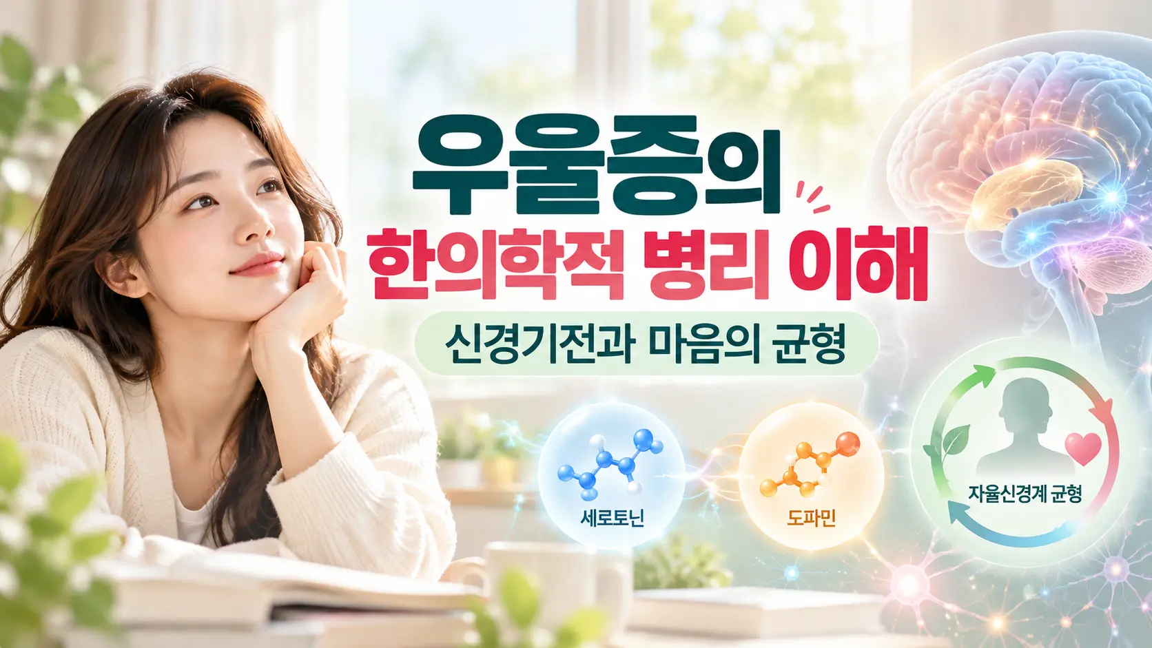 우울증의 한의학적 병리와 세로토닌 도파민 신경기전을 표현한 한국인 여성 대표 이미지